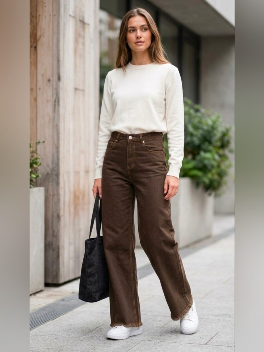 Easel Brown Wide Leg Jeans High Waisted Raw Hem Small